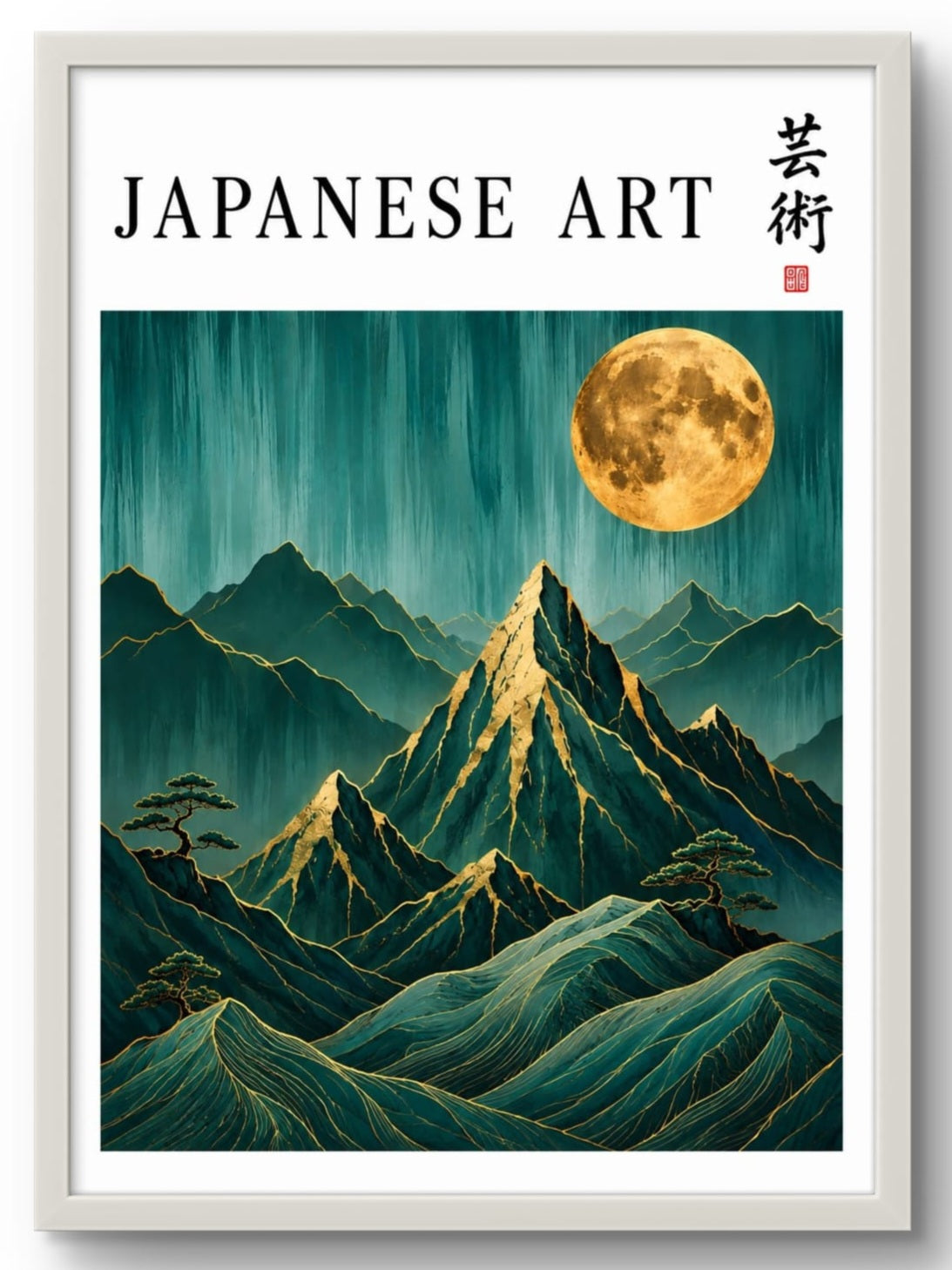 Affiche japonaise paysage montagne lune dorée – tableau encadré cadre blanc 30x40 cm, décoration murale salon

