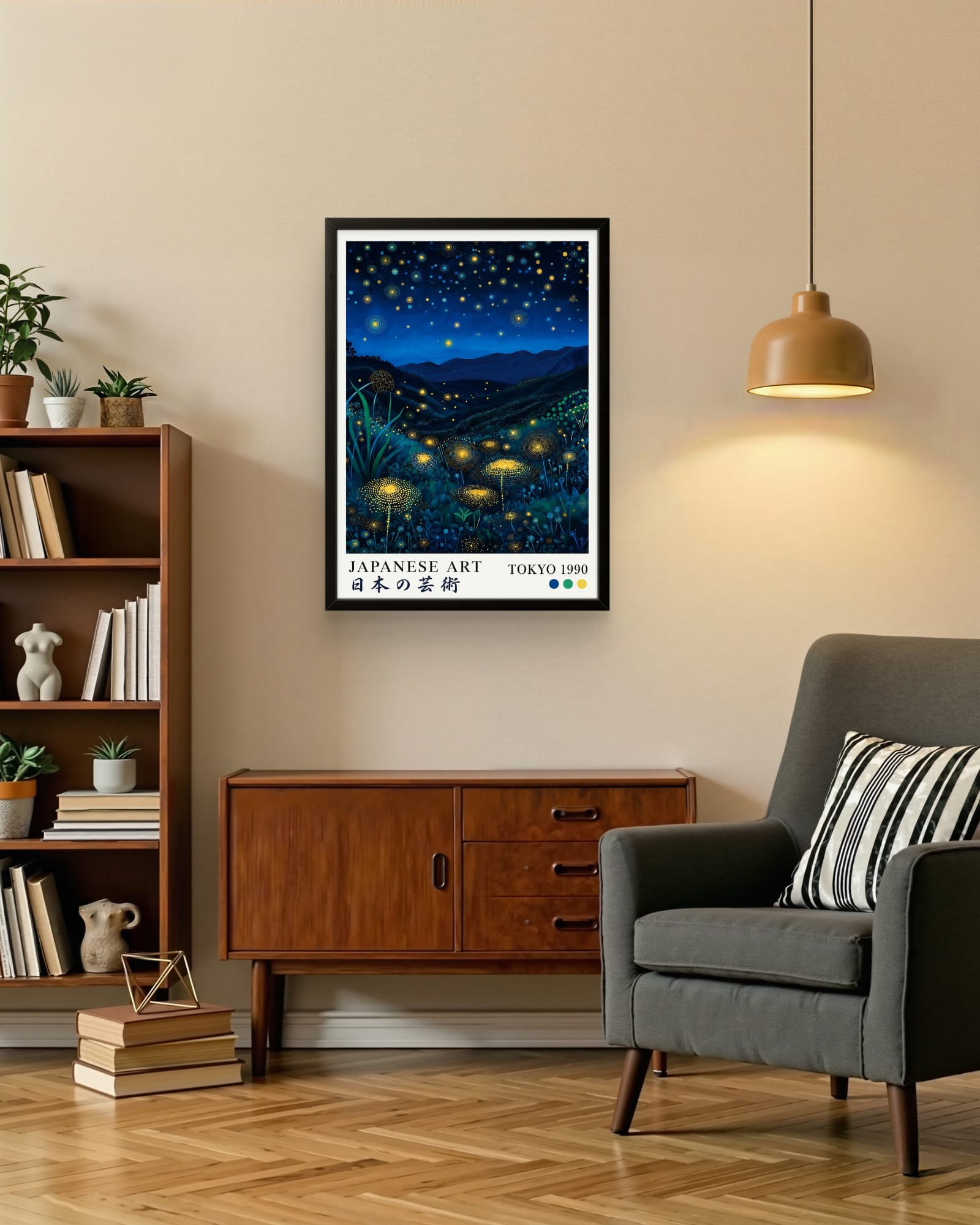Tableau Japonais Tokyo 1990 – Paysage Nocturne Lucioles | Affiche Encadrée Déco Moderne