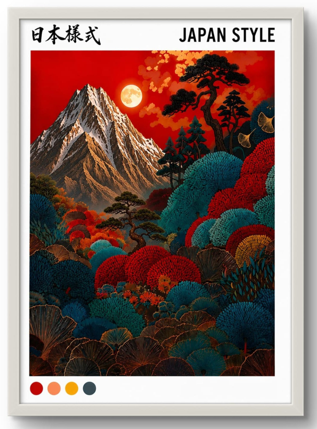 Affiche japonaise montagne et paysage – tableau encadré cadre blanc 30x40 cm, décoration murale salon

