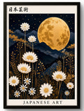 Tableau Mural Japanese Art – Affiche Encadrée Lune Dorée & Marguerites Blanches