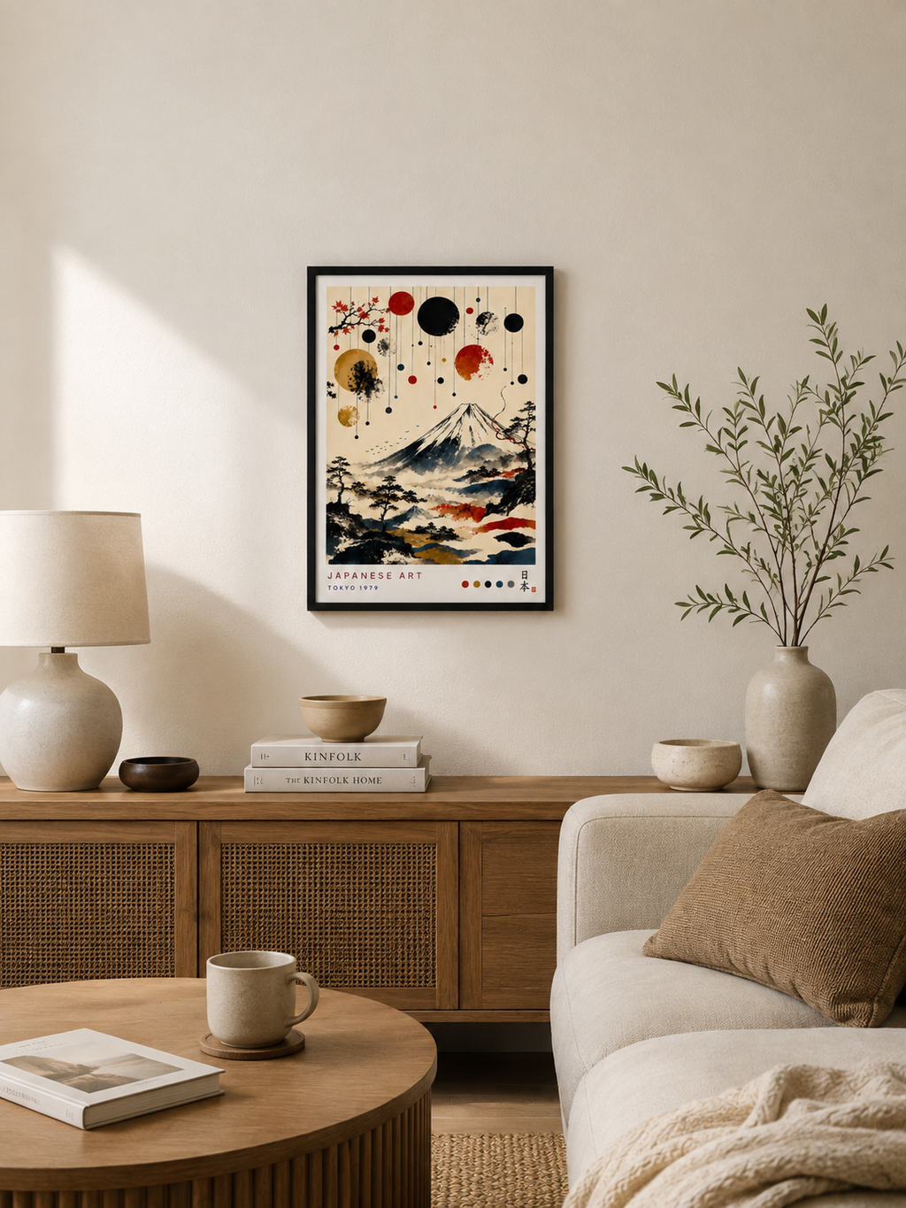 Tableau japonais Mont Fuji avec pins et érable en situation dans un salon élégant – décoration murale zen
