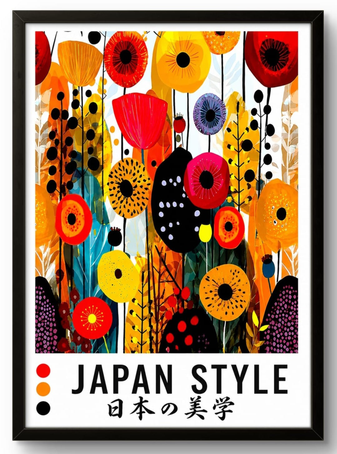 Tableau art japonais fleurs multicolores affiche encadrée cadre noir
