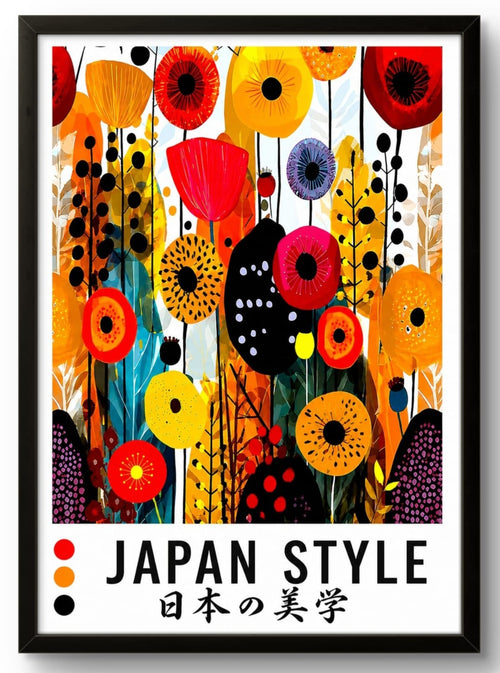 Tableau art japonais fleurs multicolores affiche encadrée cadre noir
