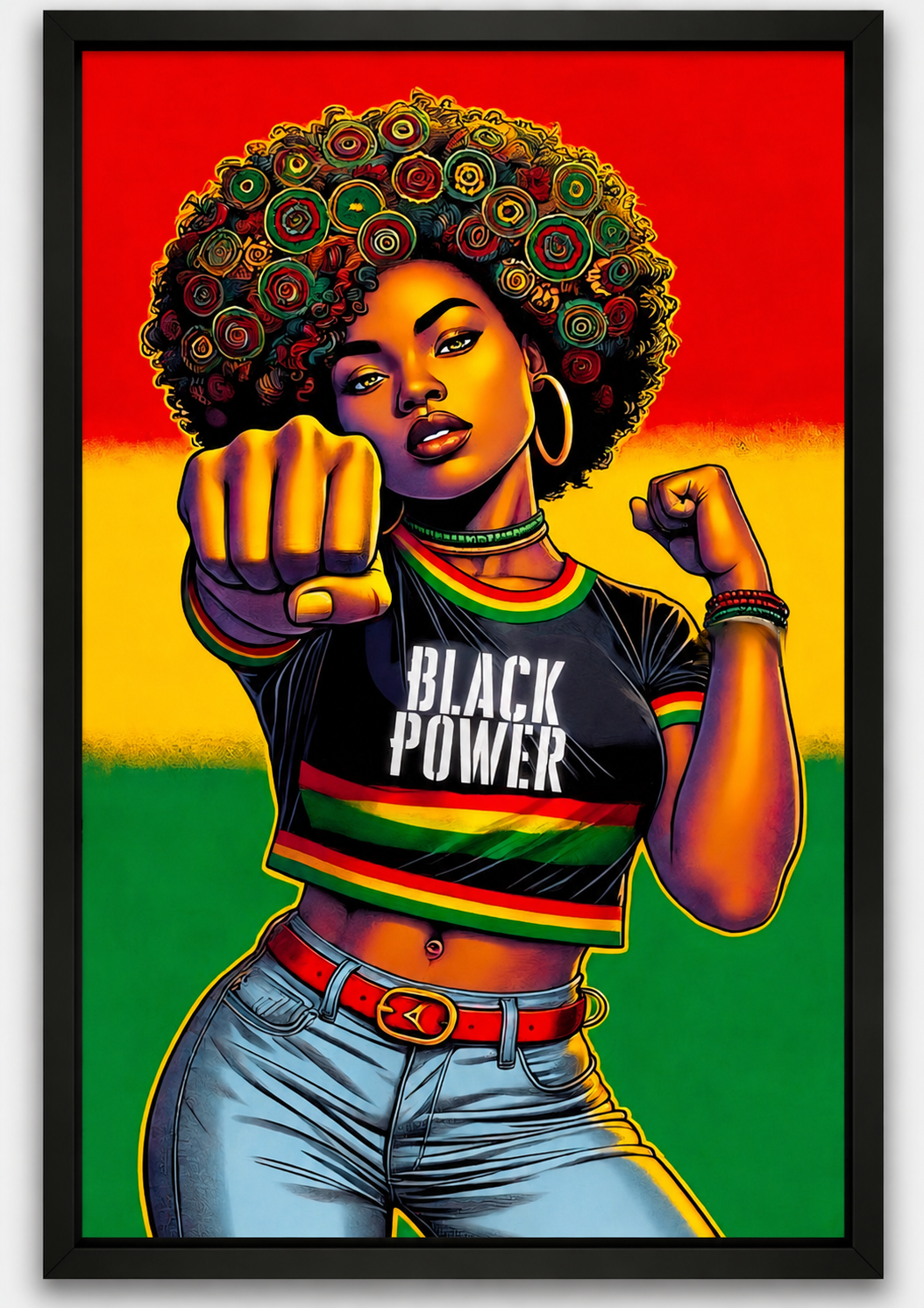 Tableau Pop Art Femme Black Power – poing levé fond tricolore rouge jaune vert, affiche encadrée cadre noir

