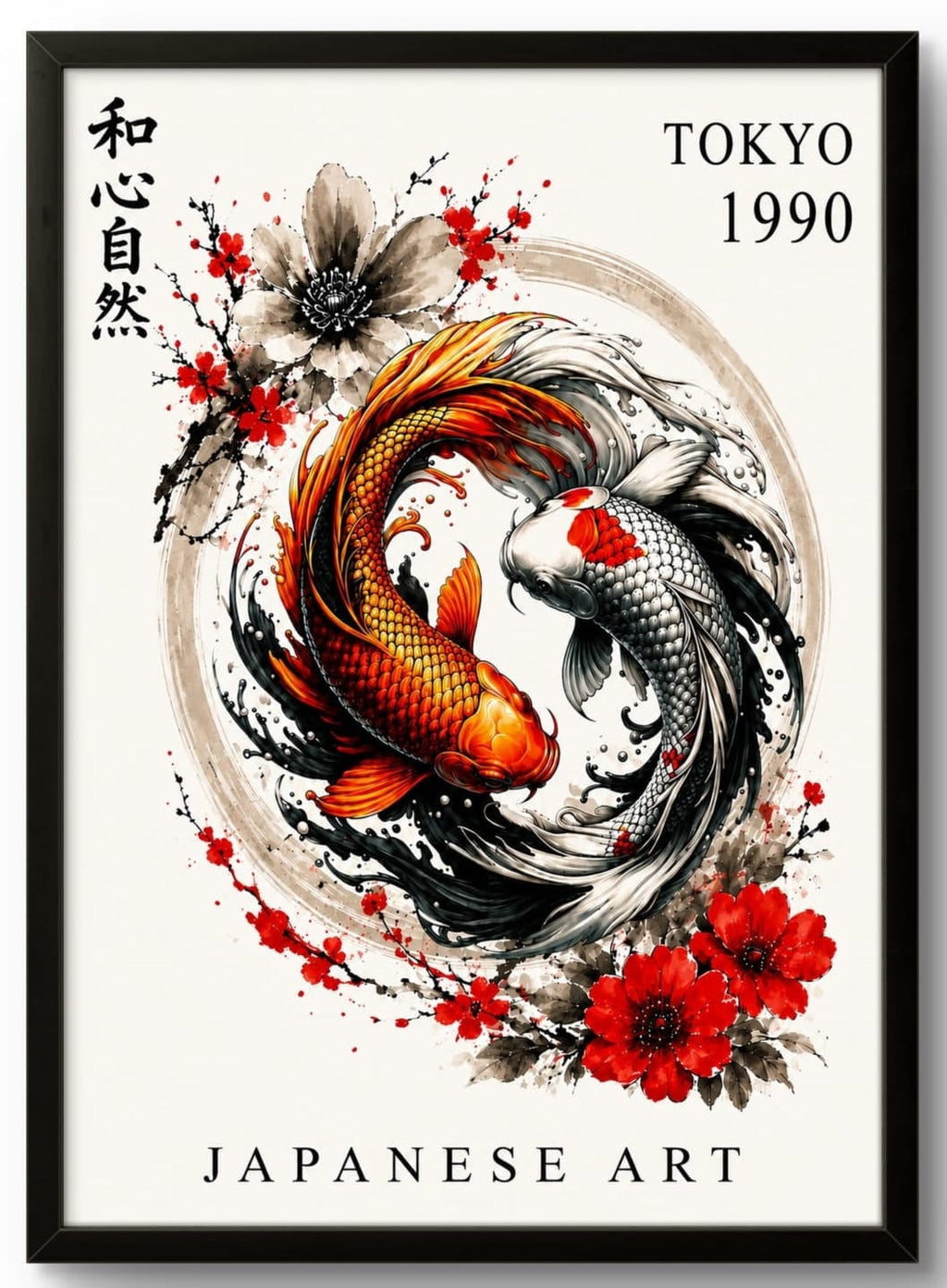 Tableau Japonais Encadré – Carpes Koï Tokyo 1990 | Art Mural Zen Premium