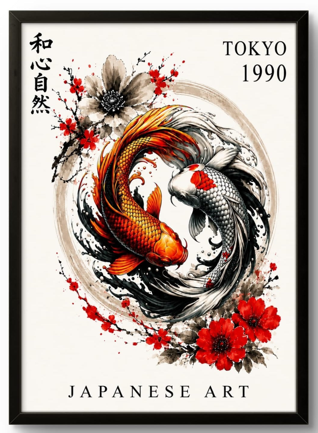 Tableau Japonais Encadré – Carpes Koï Tokyo 1990 | Art Mural Zen Premium