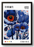 Tableau art japonais fleurs bleues Japan Style, affiche encadrée cadre PVC noir – décoration murale