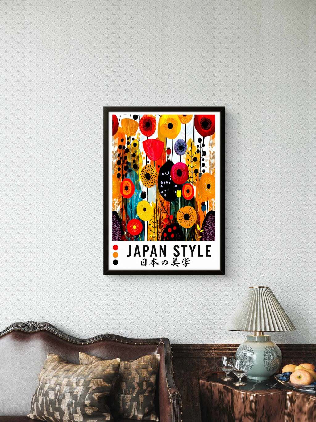 Tableau encadré Japan Style fleurs graphiques cadre blanc salon chambre
