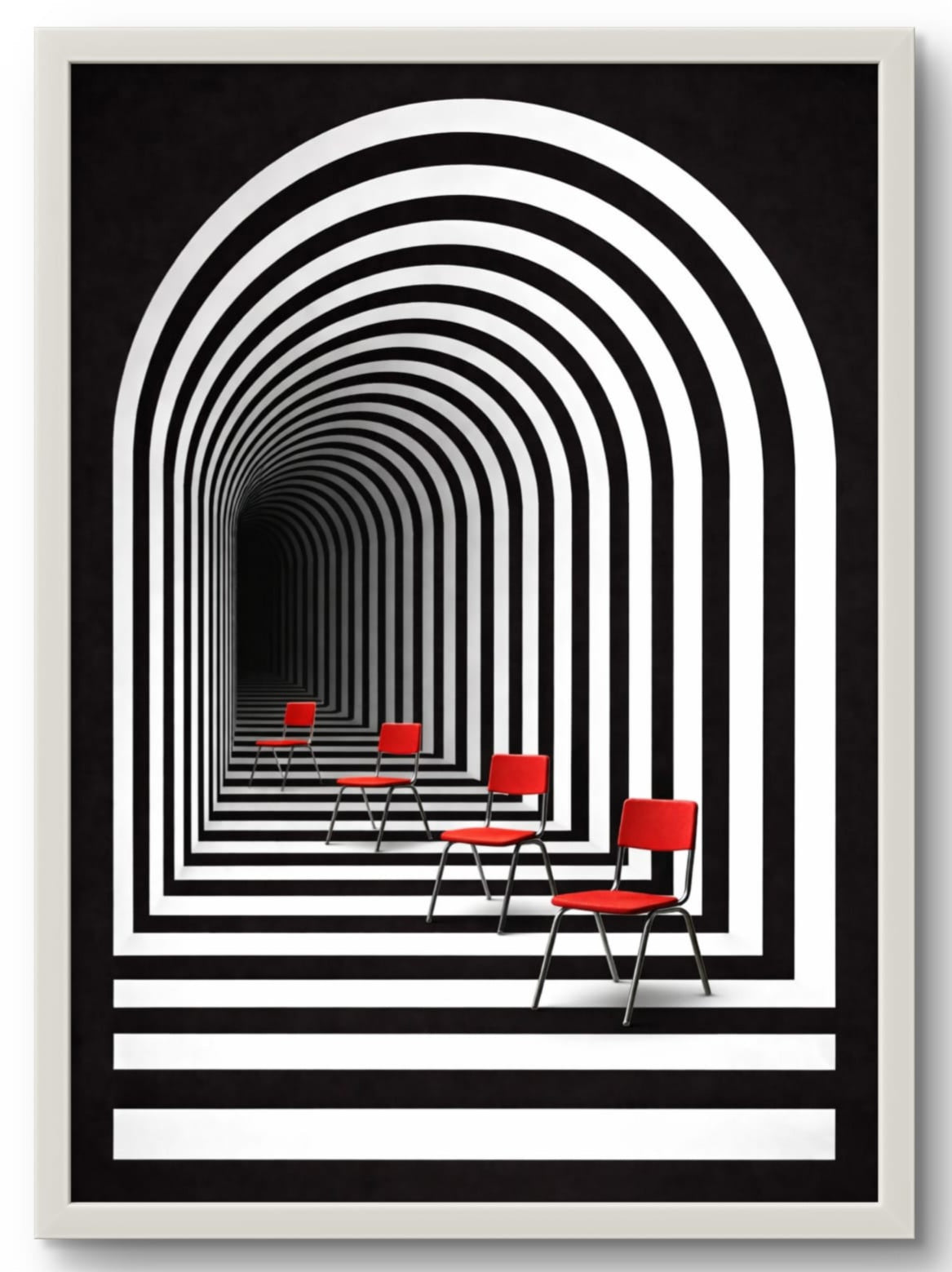 Affiche abstraite illusion d'optique arche graphique et chaises rouges – tableau encadré cadre blanc 30x40 cm
