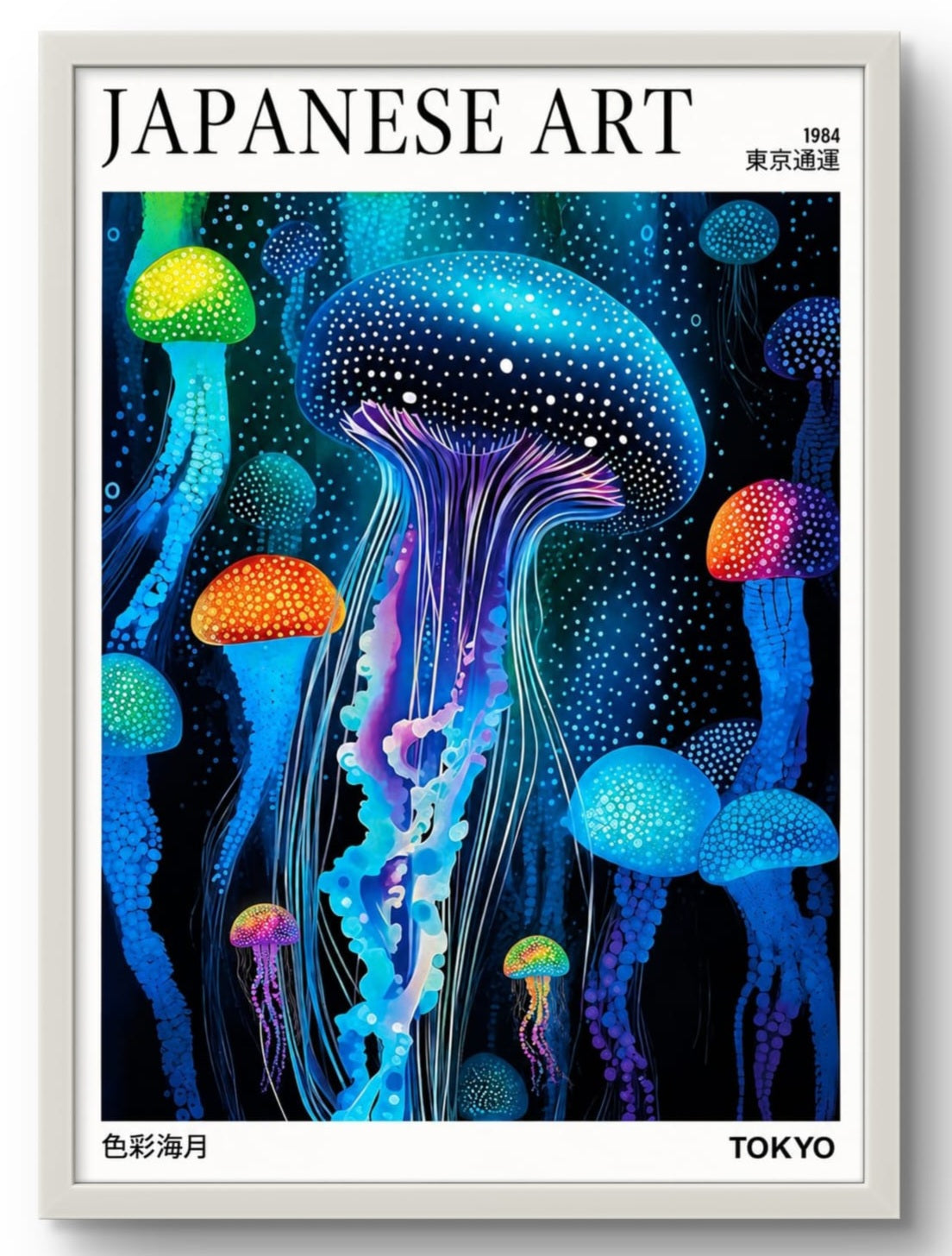 Affiche japonaise méduses lumineuses décoration murale, cadre blanc 30x40cm