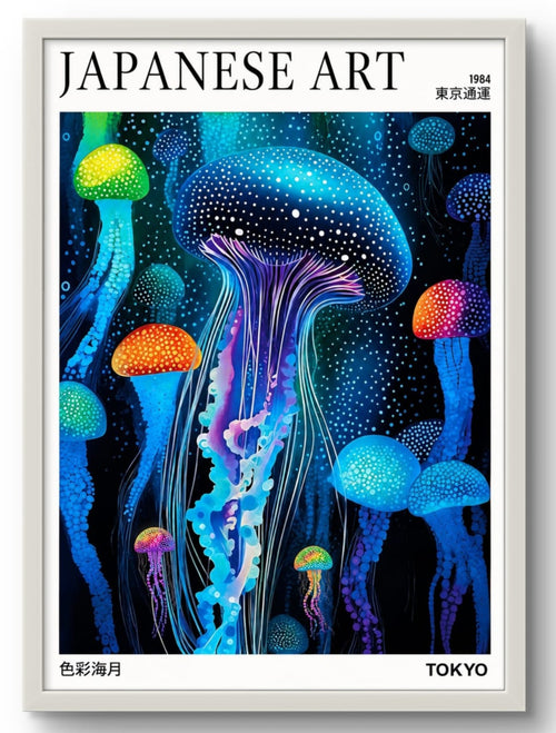 Affiche japonaise méduses lumineuses décoration murale, cadre blanc 30x40cm