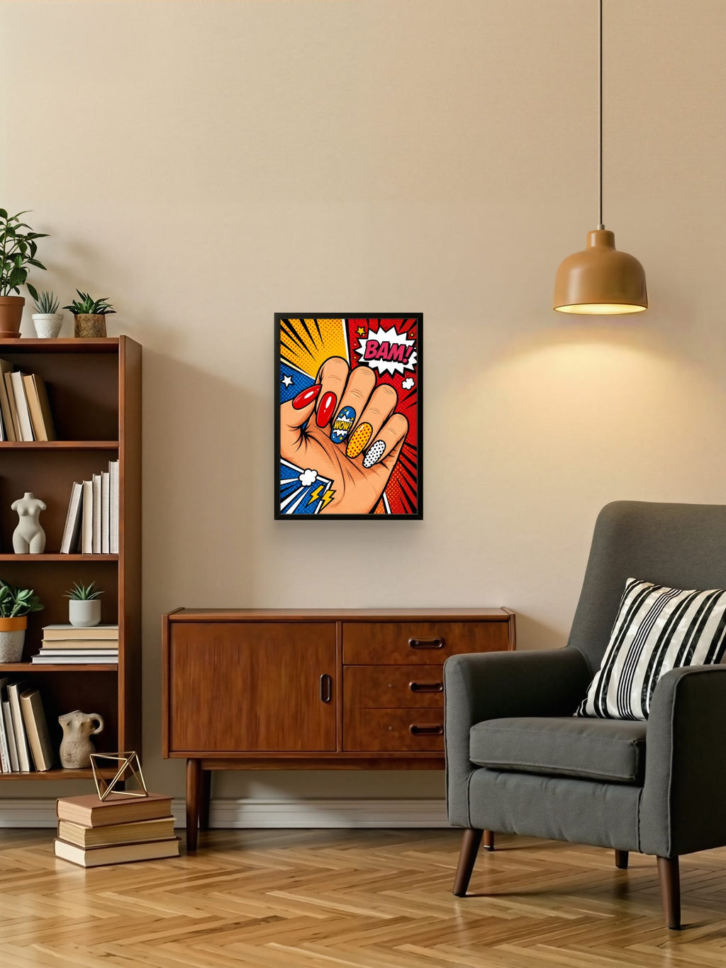 Tableau Pop Art main ongles colorés BAM WOW en situation dans un salon moderne – affiche encadrée décoration murale colorée
