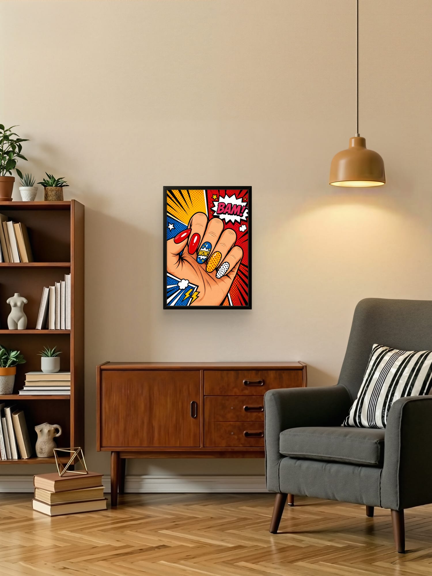 Tableau Pop Art main ongles colorés BAM WOW en situation dans un salon moderne – affiche encadrée décoration murale colorée
