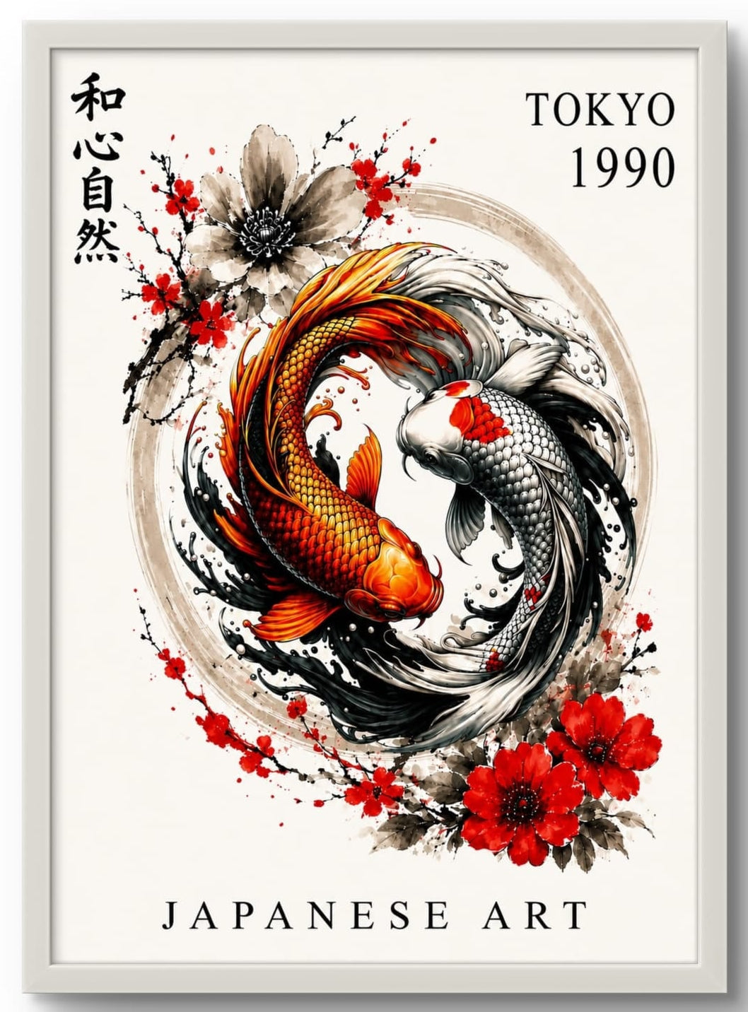 Tableau Japonais Encadré – Carpes Koï Tokyo 1990 | Art Mural Zen Premium