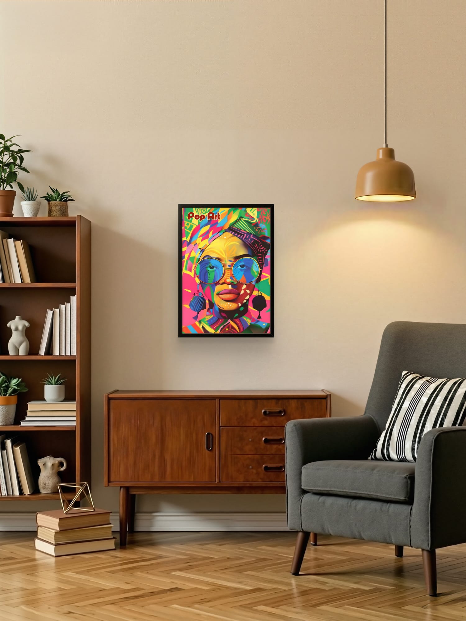 Tableau Pop Art portrait femme multicolore en situation dans un salon moderne – affiche encadrée décoration murale colorée
