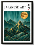 Tableau japonais montagne et lune dorée avec pins – affiche encadrée cadre noir 21x30 cm, décoration murale zen

