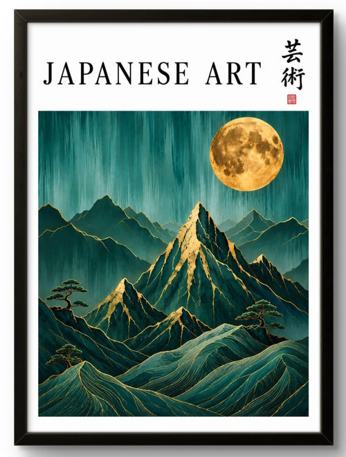 Tableau japonais montagne et lune dorée avec pins – affiche encadrée cadre noir 21x30 cm, décoration murale zen

