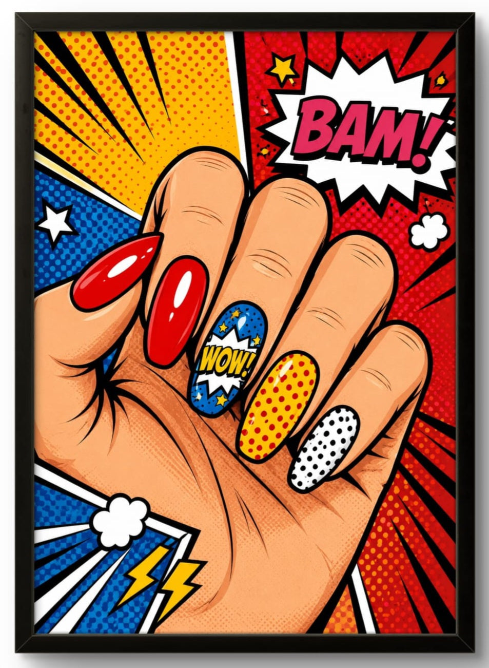 Tableau Pop Art main ongles colorés BAM WOW – affiche encadrée cadre noir 21x30 cm, décoration murale colorée
