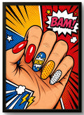 Tableau Pop Art main ongles colorés BAM WOW – affiche encadrée cadre noir 21x30 cm, décoration murale colorée

