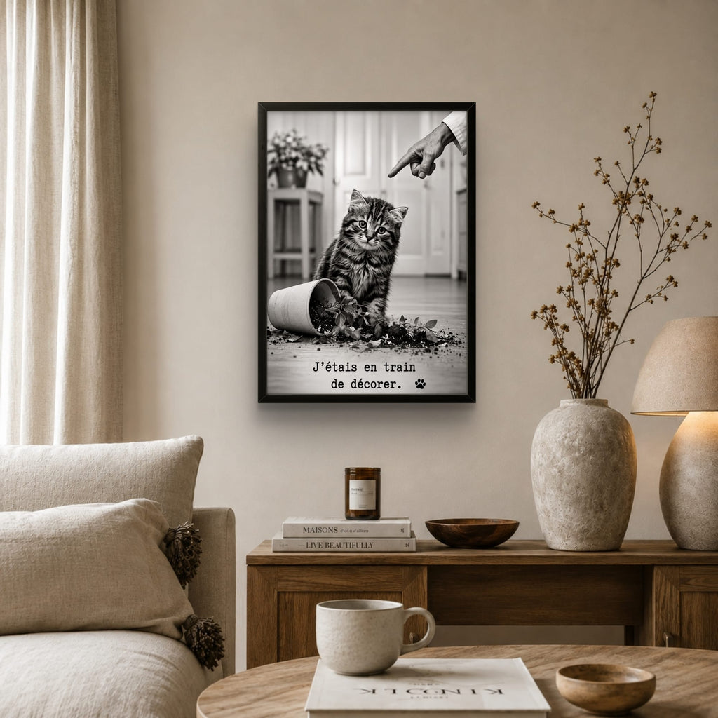 Tableau chat humour « J'étais en train de décorer » en situation dans un salon – affiche encadrée décoration murale fun
