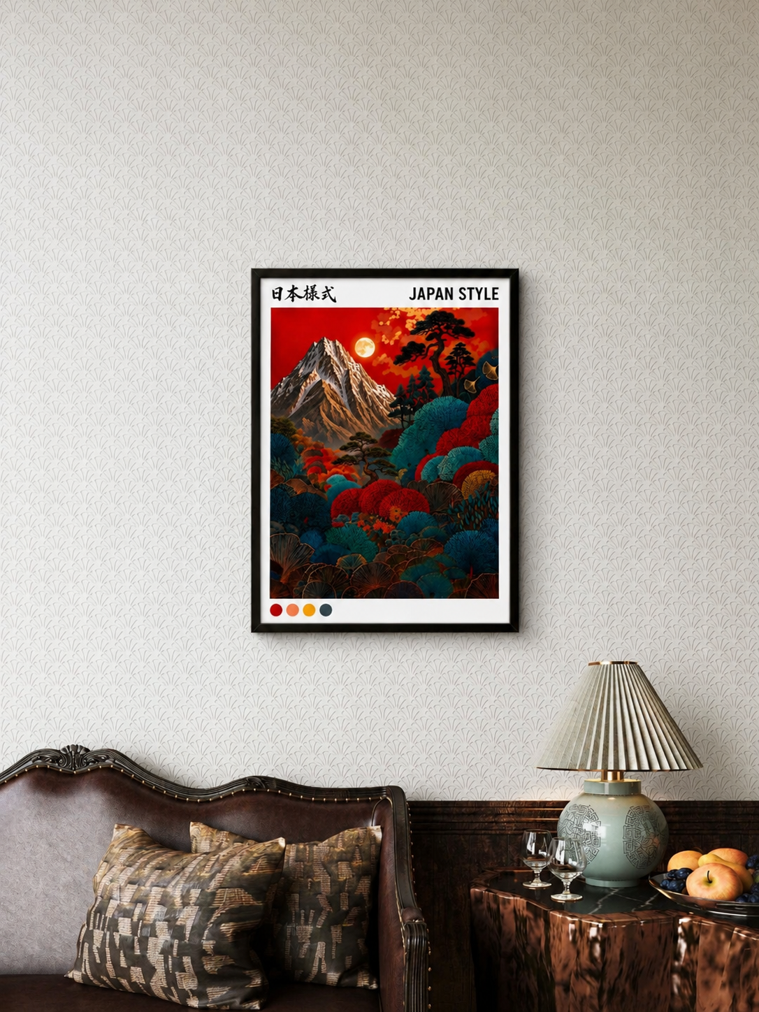 Tableau japonais montagne et paysage en situation dans un salon élégant – affiche encadrée décoration murale zen
