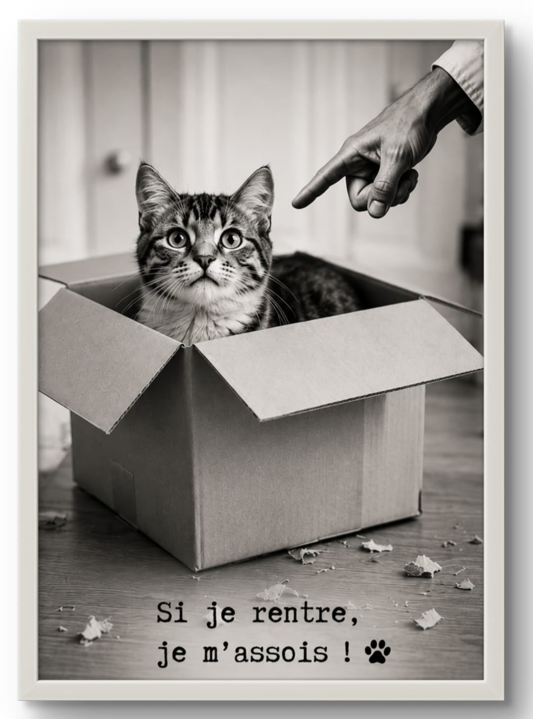 Affiche chat humour « Si je rentre, je m'assois ! » – tableau encadré cadre blanc 30x40 cm, décoration murale originale
