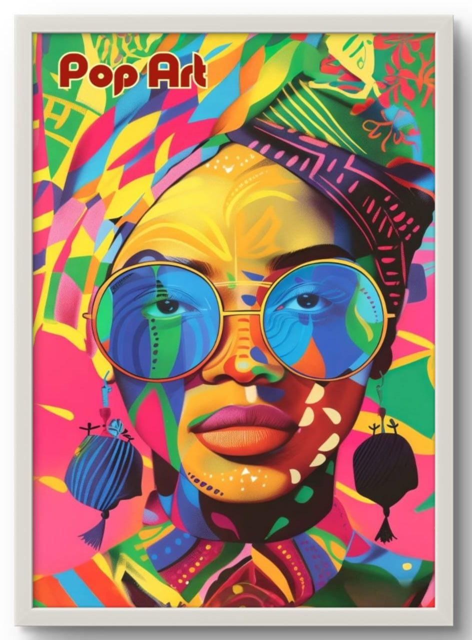Affiche Pop Art portrait femme multicolore – tableau encadré cadre blanc 30x40 cm, décoration murale salon
