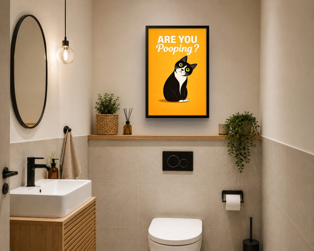 Affiche Encadrée "Are You Pooping?" – Chat Humoristique pour WC