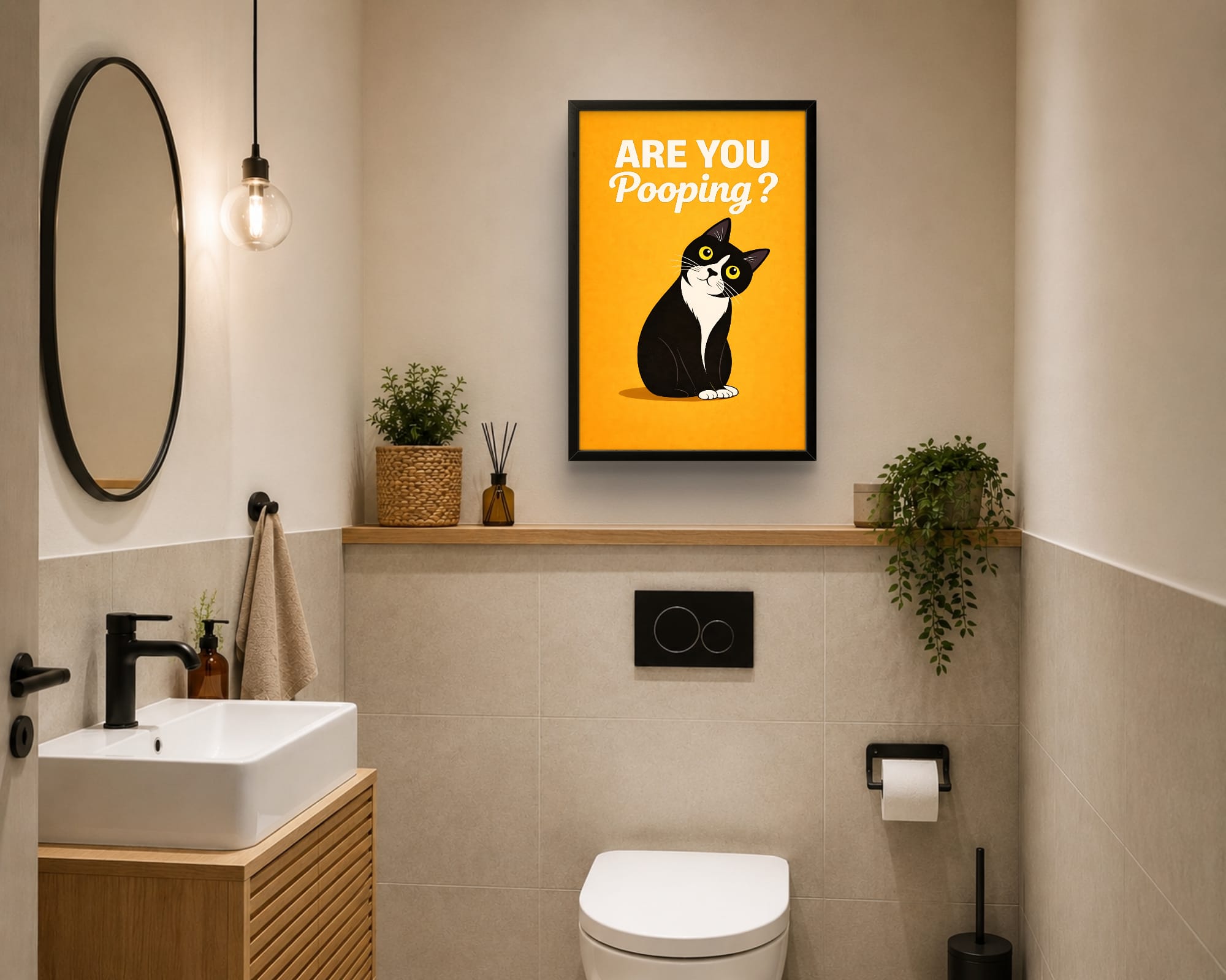 Affiche Encadrée "Are You Pooping?" – Chat Humoristique pour WC