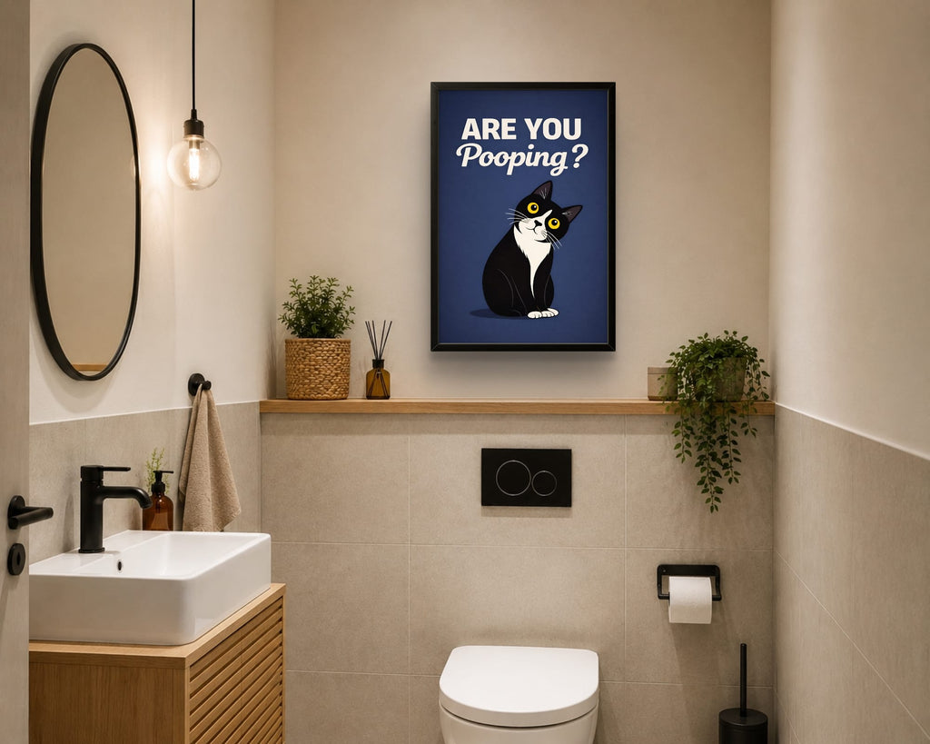 Affiche Encadrée "Are You Pooping?" – Chat Humoristique pour WC