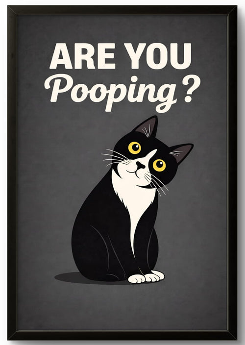 Affiche Encadrée "Are You Pooping?" – Chat Humoristique pour WC