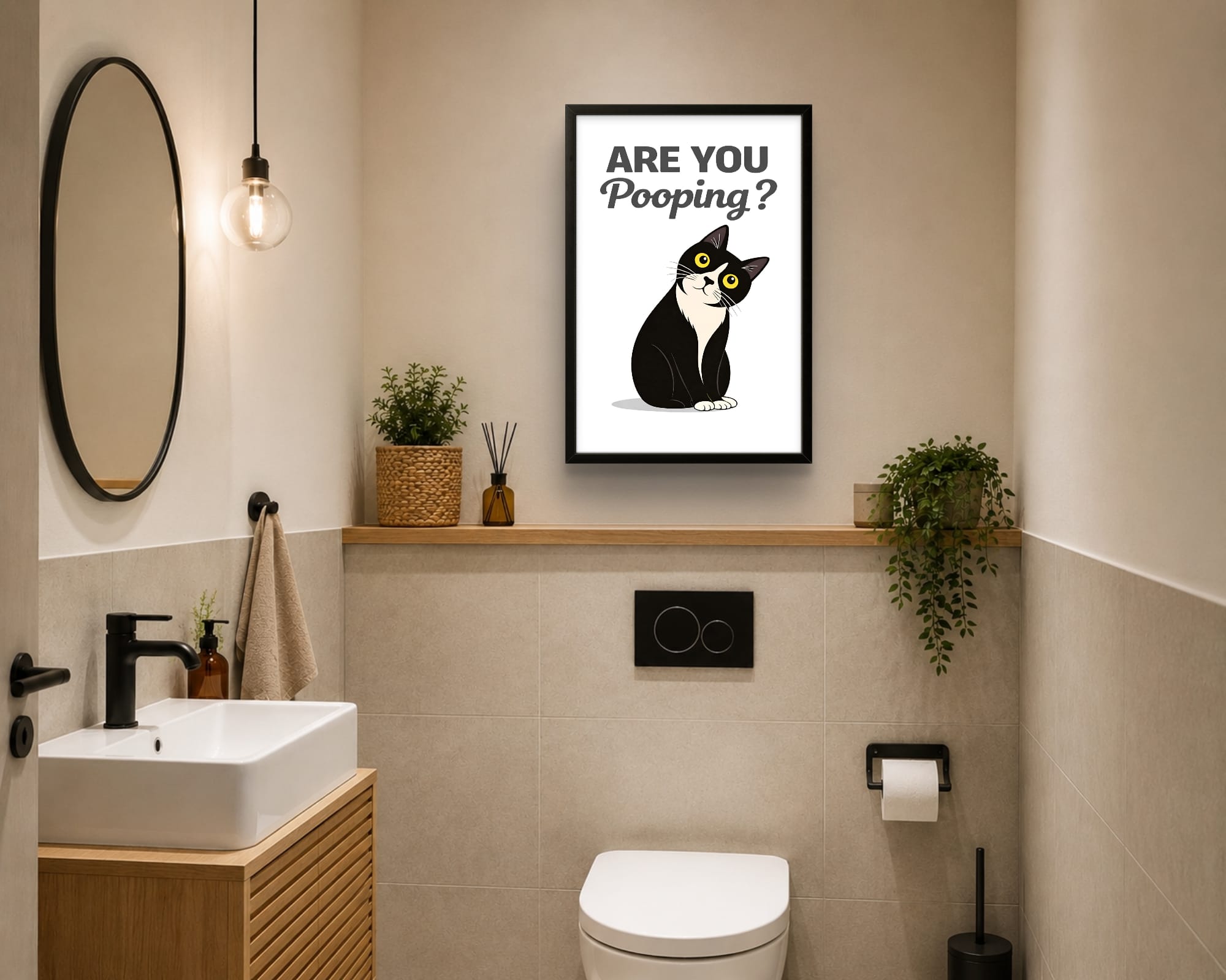 Affiche Encadrée "Are You Pooping?" – Chat Humoristique pour WC