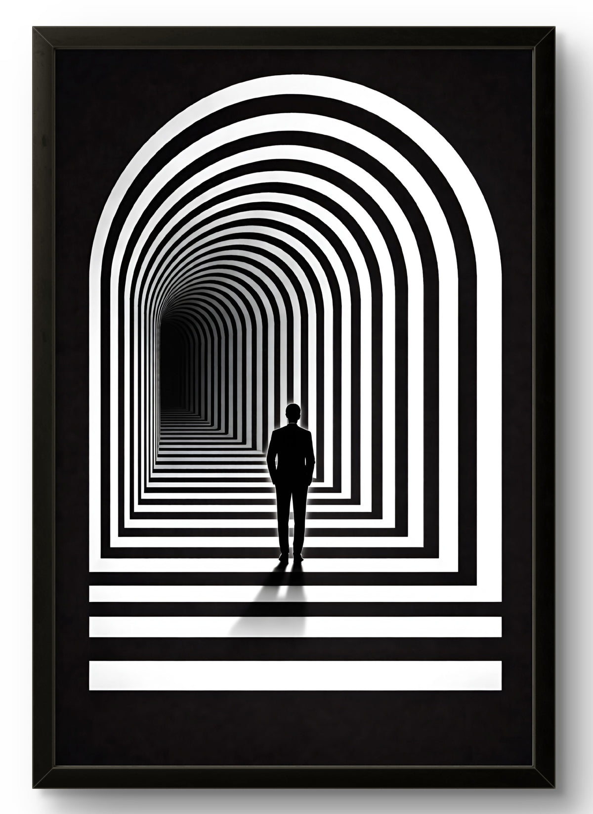 Tableau abstrait noir et blanc avec arche géométrique et silhouette, affiche encadrée, illusion d'optique, cadre noir