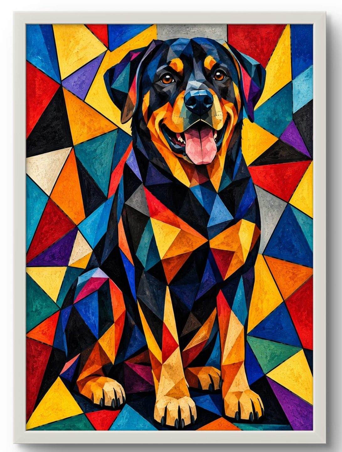 Tableau Chien Rottweiler en art géométrique coloré avec cadre blanc