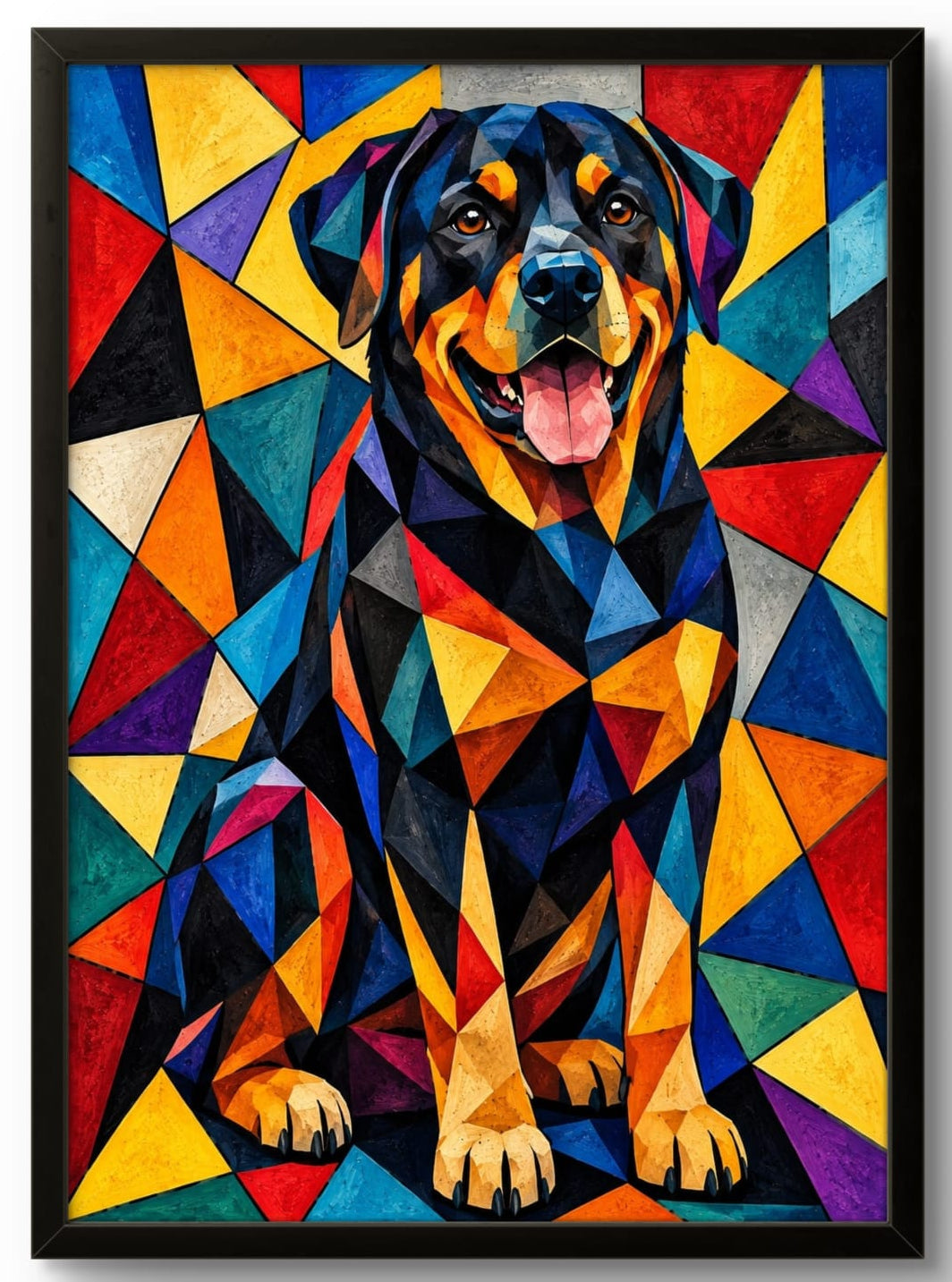 Tableau Chien Rottweiler en art géométrique coloré avec cadre noir