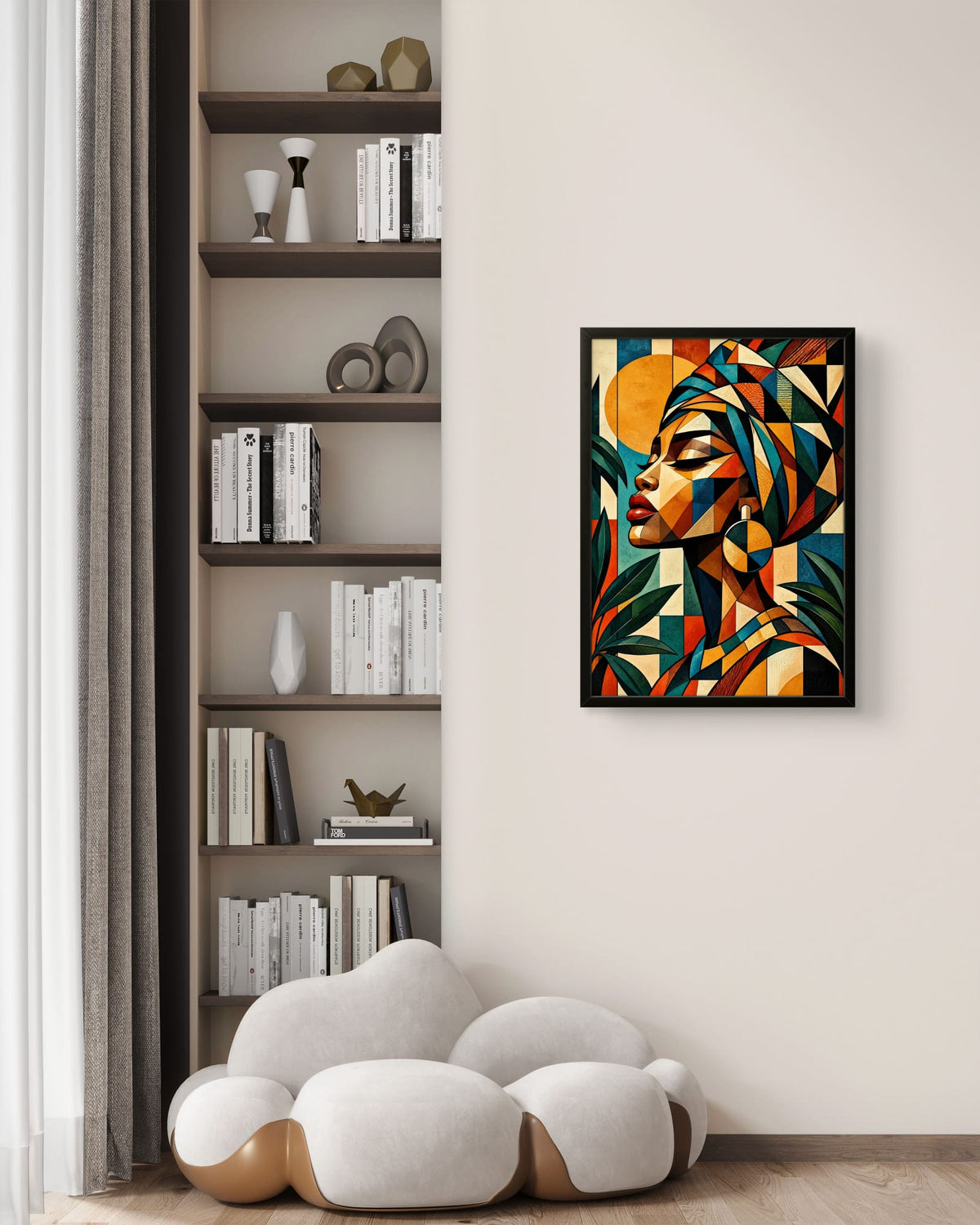 Tableau femme africaine abstraite géométrique dans une décoration murale contemporaine