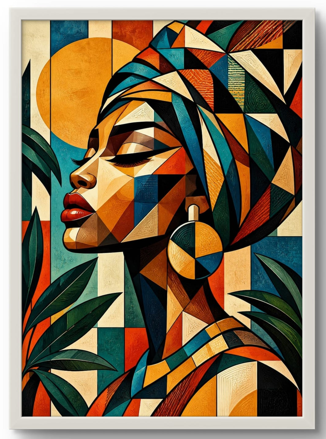 Tableau femme africaine abstraite géométrique avec cadre blanc