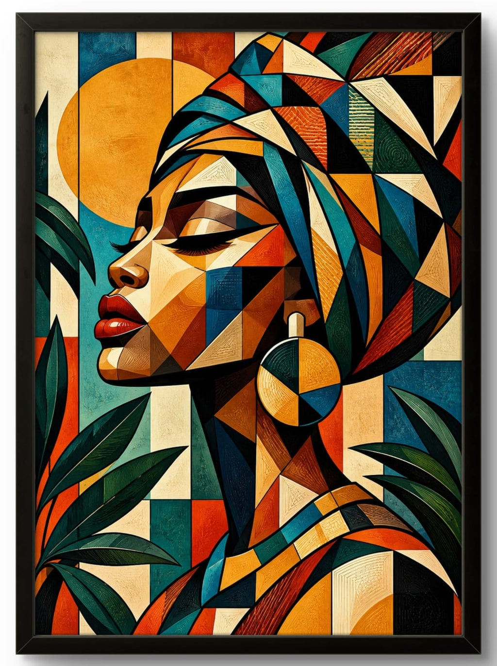 Tableau femme africaine abstraite géométrique avec cadre noir