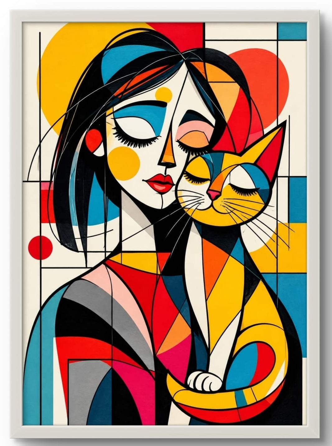 Tableau femme et chat en art géométrique coloré avec cadre blanc