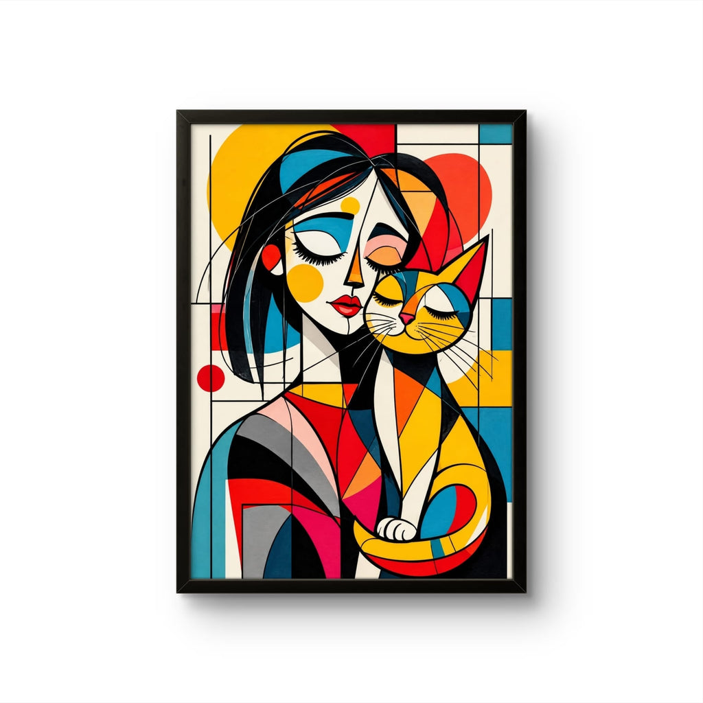 Tableau femme et chat en art géométrique coloré avec cadre noir