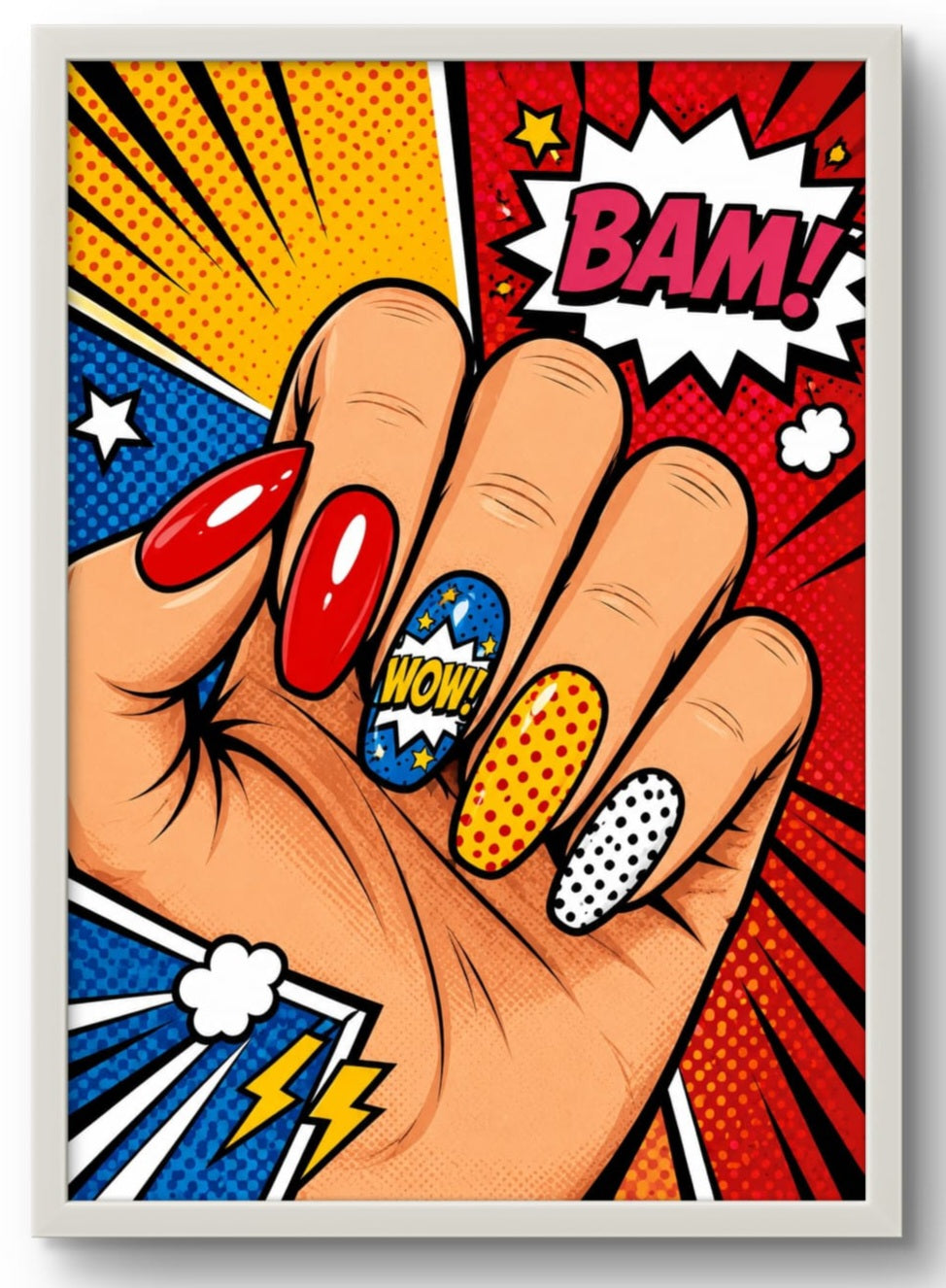 Tableau Pop Art coloré représentant une main aux ongles rouges avec effet BD et texte BAM Cadre blanc 

